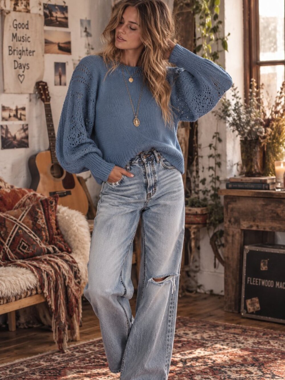 J. Flower Blue Pointelle Puff Sleeve Sweater